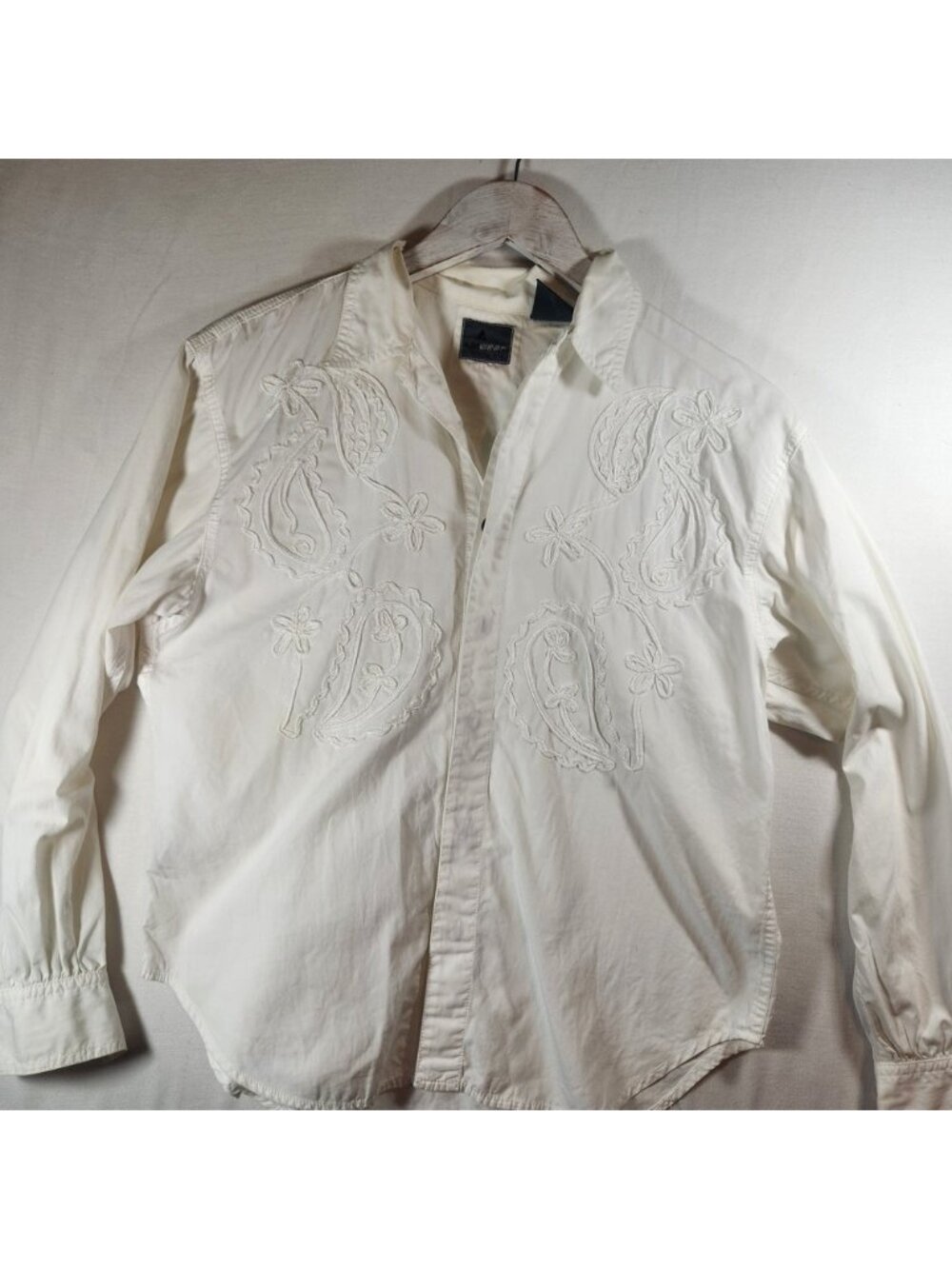 Lizwear y2k western style Petite‎ White Cotton Embroidered Paisley Button Down